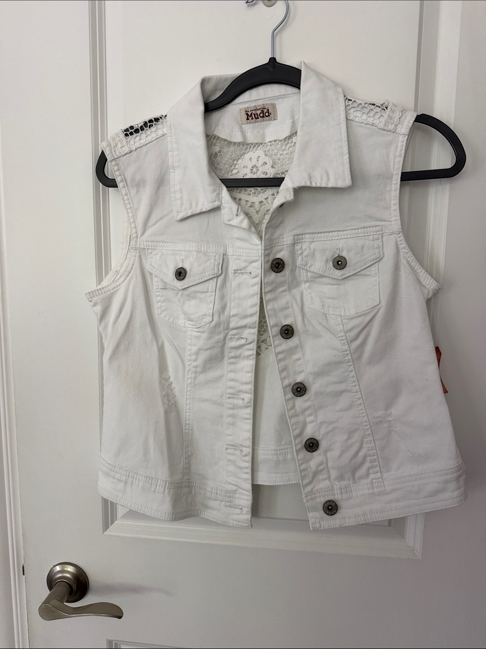 NWT Mudd White Denim Vest with Crochet Back Panel